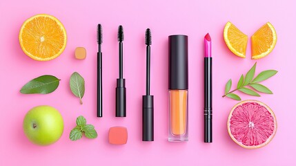 A flat lay composition featuring various cosmetics like mascara and lipstick, alongside fresh fruits and leaves, arranged on a vibrant pink background.
