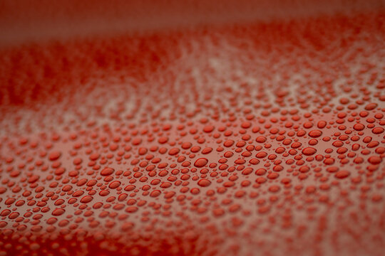Raindrops Beading Up on a Vibrant Red Paint