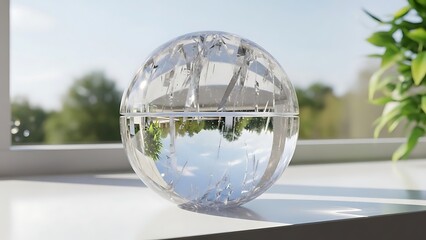 Clear faceted crystal sphere reflecting inverted trees and blue sky on a bright windowsill