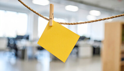 Marketing plan brainstorming sticky strategy business idea creativity note planning teamwork bright yellow note clipped to rope modern office