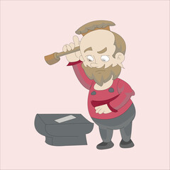 Vector illustration of a old man working hard, hitting metal on an anvil with a hammer to forge an item. Isolated on a light background