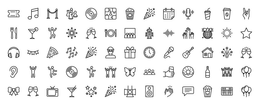 Party and celebration line icon set. Vector pictograms of confetti, music, dancing, and drinks, thin linear illustration.