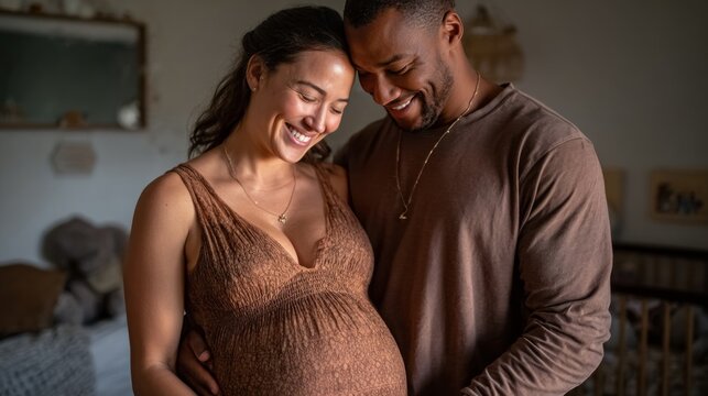 A couple embraces the beauty of pregnancy, sharing warm smiles and loving glances in their inviting home. Soft light fills the room, highlighting their connection and joy
