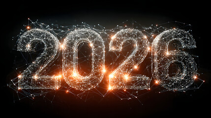 Futuristic 2026 new year design with glowing technology connecting digital dots, envisioning innovation and bright beginnings for the coming year