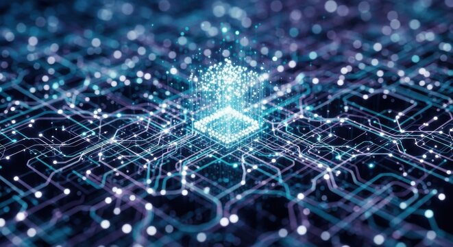 Abstract technological background: Integrated circuit with glowing data streams - Powered by Adobe