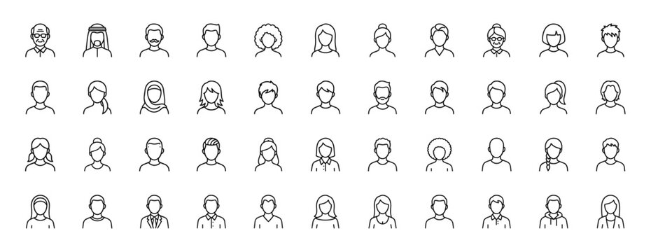 People and avatar outline icon set. Vector pictograms of diverse male and female user profiles, minimal linear illustration.
