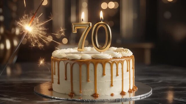 A luxurious 70th birthday cake with golden candles, caramel drizzle, and festive sparkler lighting up a glamorous celebration setting.