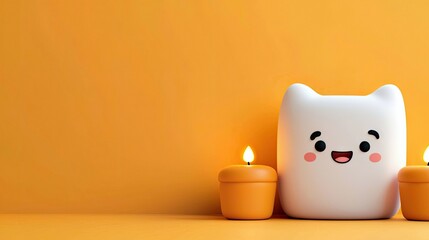 A cheerful cartoon cat character stands between two lit candles against an orange background. The image evokes feelings of warmth and happiness.