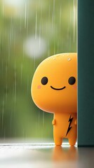 A cute cartoon character is peeking out from behind a wall in the rain. The character is yellow with a lightning bolt on its chest.