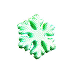 Green halftone snowflake with dotted texture in retro comic style. Neon winter grainy gradient snowflake isolated on white background. For Christmas, New Year design, UI, card, poster. 3D vector icon