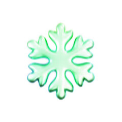Green halftone snowflake with dotted texture in retro comic style. Neon winter grainy gradient snowflake isolated on white background. For Christmas, New Year design, UI, card, poster. 3D vector icon