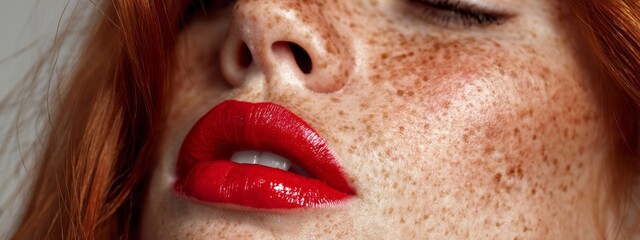 Close-up of a woman's face showcasing her playful freckles and striking red lips. The warm light enhances her natural beauty, creating a captivating, artistic moment