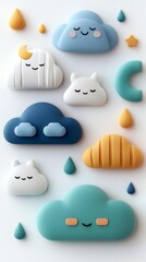A whimsical illustration featuring cartoon clouds, raindrops, and a star on a white background. The clouds have smiling faces and are in various colors.