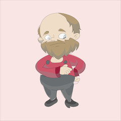 Cartoon vector illustration of an elderly man with a long brown beard and a red shirt, pointing his thumb at his own chest to indicate himself