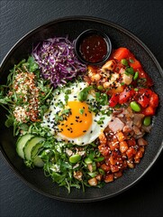 Close-up shot of a vibrant and appetizing Buddha bowl featuring a fried egg, various vegetables, and sauces. The dish is presented in a dark bowl on a dark back