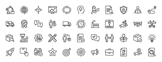 Logistics and supply chain line icon set. Vector pictograms of delivery truck, box, packaging, and factory, thin linear illustration.