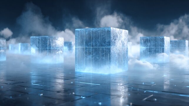 Modern Data Center Visualization: Cloud Computing Servers Represented as Ice Blocks, Emphasizing Cold Storage Solutions and Advanced Cooling Technology with a Futuristic Feel