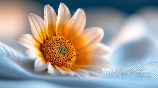 Close-up of a daisy flower with white and yellow petals resting on a soft blue fabric, with a blurred background.