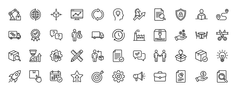 Logistics and supply chain line icon set. Vector pictograms of delivery truck, box, packaging, and factory, thin linear illustration.