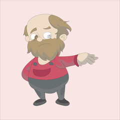 Cartoon vector illustration of an elderly man with a long brown beard and a red shirt, pointing his finger to the right side to show direction