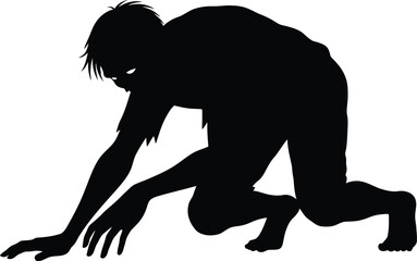 Crouching horror monster silhouette black and white vector graphic illustration