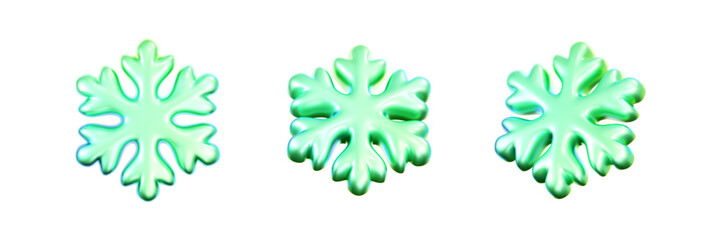 3D green neon snowflakes with a holographic liquid effect, isolated on a dark background. Glossy green glass winter snowflakes for Christmas and New Year decors, UI, card, posters. 3D vector icon