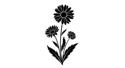 Black Silhouette Daisy Flower Bouquet for Tattoo Design Greeting Card Print