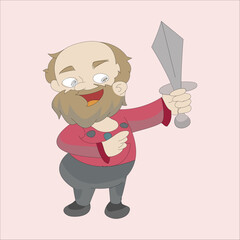 Cartoon vector illustration of an elderly man with a long brown beard and a red shirt, holding a sword in his hand. He looks ready for adventure