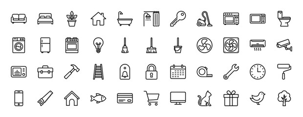 Home, housekeeping, and tools line icon set. Vector pictograms of furniture, appliances, maintenance, and pets, thin linear illustration.