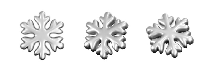 3D silver snowflakes with a glossy metallic surface, isolated on a dark background. Render of shiny chrome snowflakes, winter elements for Christmas and New Year design or decorations. 3D vector icon
