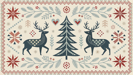 Charming folk art holiday scene features reindeer, Christmas tree, snowflakes and festive floral elements