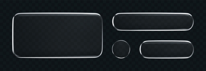 3D liquid glass buttons with transparent neon silver shine effect, isolated on a dark background. Render of liquid glass frame, UI UX elements for phone app or game interfaces. 3D tech digital vector