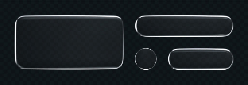 3D liquid glass buttons with transparent neon silver shine effect, isolated on a dark background. Render of liquid glass frame, UI UX elements for phone app or game interfaces. 3D tech digital vector