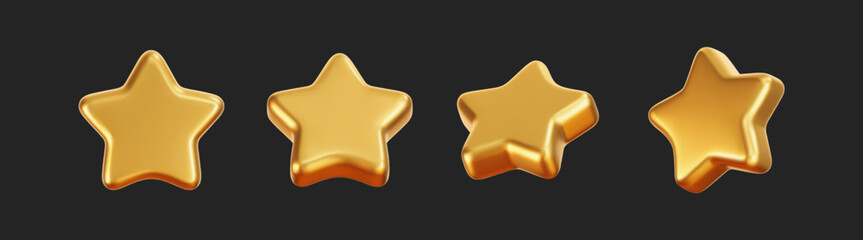 3D golden star icon set isolated on dark background. Realistic yellow metal pentagram element for review, award, badge, luxury gift, premium trophy, customer feedback. Glossy vector decoration design