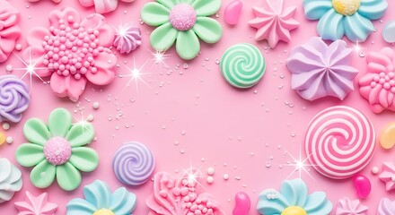 Sweet pastel meringue cookies and candies arranged in a decorative frame on a pink background