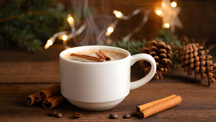 Cozy white mug filled with steaming hot chocolate topped with cinnamon sticks and coffee beans on a rustic wooden table with pine cones and bokeh lights