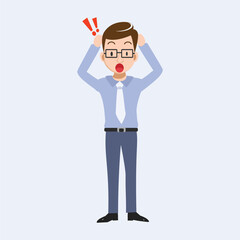 Flat vector illustration of a shocked or surprised young businessman or office worker wearing glasses, with both hands on his head and wide eyes