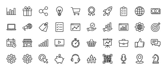 Business and marketing line icon set. Vector pictograms of shopping, strategy, analysis, finance, and technology, thin linear illustration.