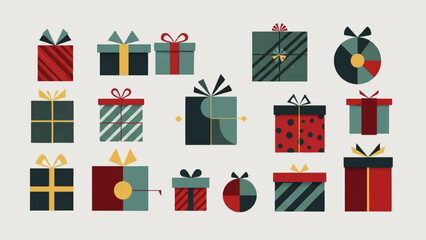 Diverse collection of vibrant flat design gift boxes, ideal for various celebrations, holidays, and special moments, bringing a modern and cheerful aesthetic to any festive theme