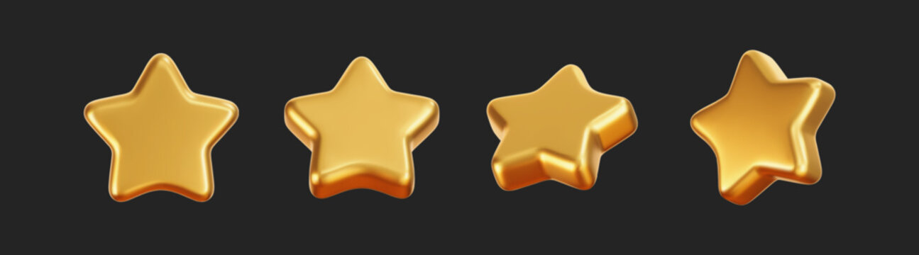 3D golden star icon set isolated on dark background. Realistic yellow metal pentagram element for review, award, badge, luxury gift, premium trophy, customer feedback. Glossy vector decoration design