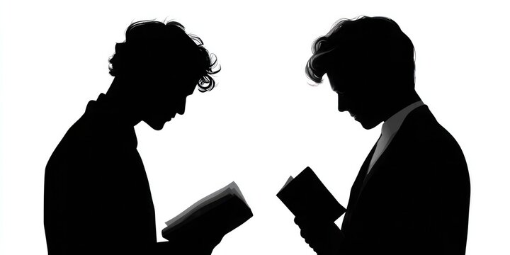 Two men are reading books, one of them is wearing a suit