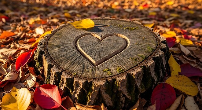 Carved heart symbol on a tree stump surrounded by colorful autumn leaves