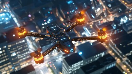 Drone equipped with lighting effects soaring above a vibrant night cityscape with stunning skyline views and glowing buildings