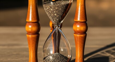 Antique wooden hourglass with intricate metal details showing sand flowing through time