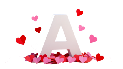 White volumetric letter A surrounded by red and pink hearts on a transparent background.