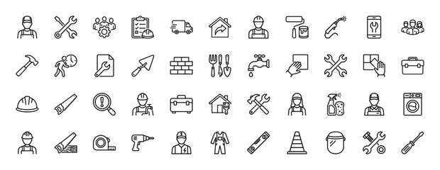 Construction and repair line icon set. Vector pictograms of tools, workers, equipment, and building materials, thin linear illustration.