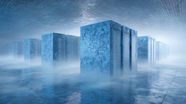Futuristic Data Center with Rows of Ice-Cooled Servers, Showcasing Advanced Cooling Systems and Energy-Efficient Technology in a Misty, High-Tech Environment