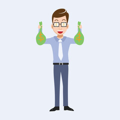 Flat vector illustration of a cheerful young businessman or office worker wearing glasses, holding a green money bag with a dollar sign in each hand