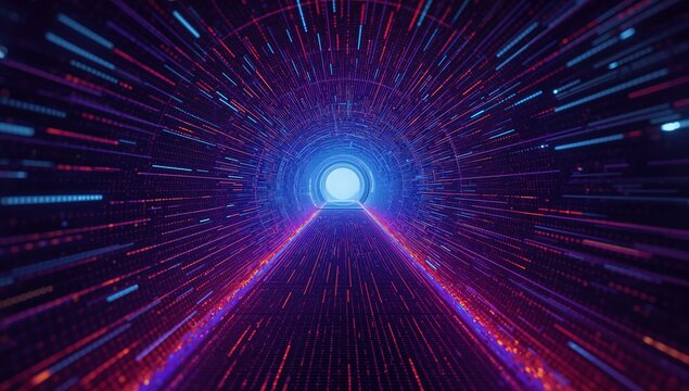 Futuristic tunnel with light rays and digital abstract patterns