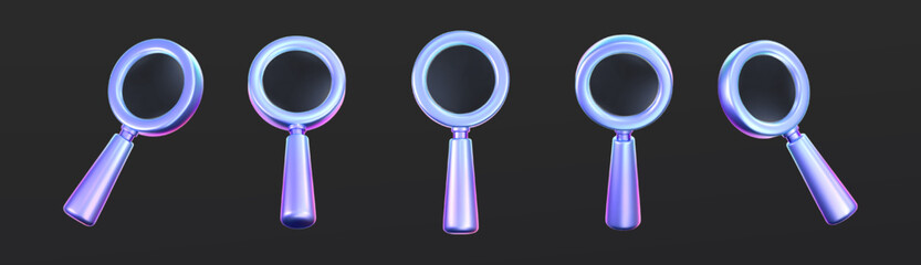 Futuristic 3D magnifying glass icons in holographic glass style. Shiny gradient search symbols with iridescent glow, perfect for UI, apps, digital design, education or technology interface. 3d vector